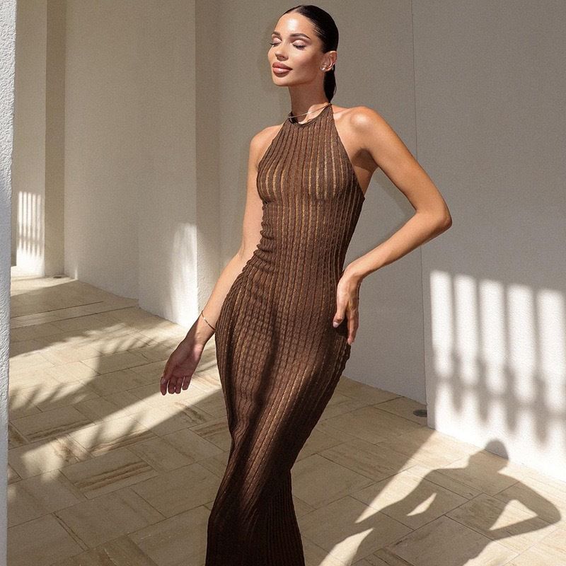 2024 Herbst Neue Damenmode Eleganter Neckholder Strick Ärmelloses Dünnes Kleid_voghion.com
