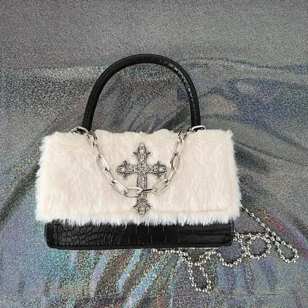 Quick view list Y2k Gothic Handbag for Women Soft Plush Cross Applique Chain Shoulder Hot Girls Hip Hop American Style_voghion.com