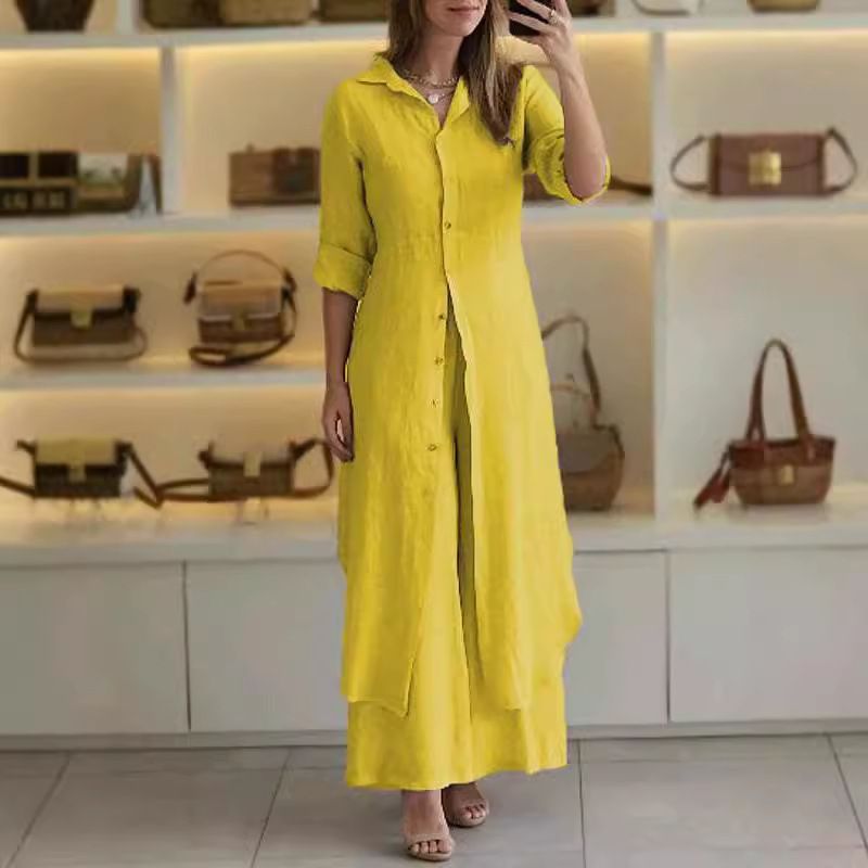Damenbekleidung Frühling und Sommer neue Stile Casual Leinenanzug Damen eleganter langärmeliger Hosenanzug mit weitem Bein zweiteiliger Anzug_voghion.com