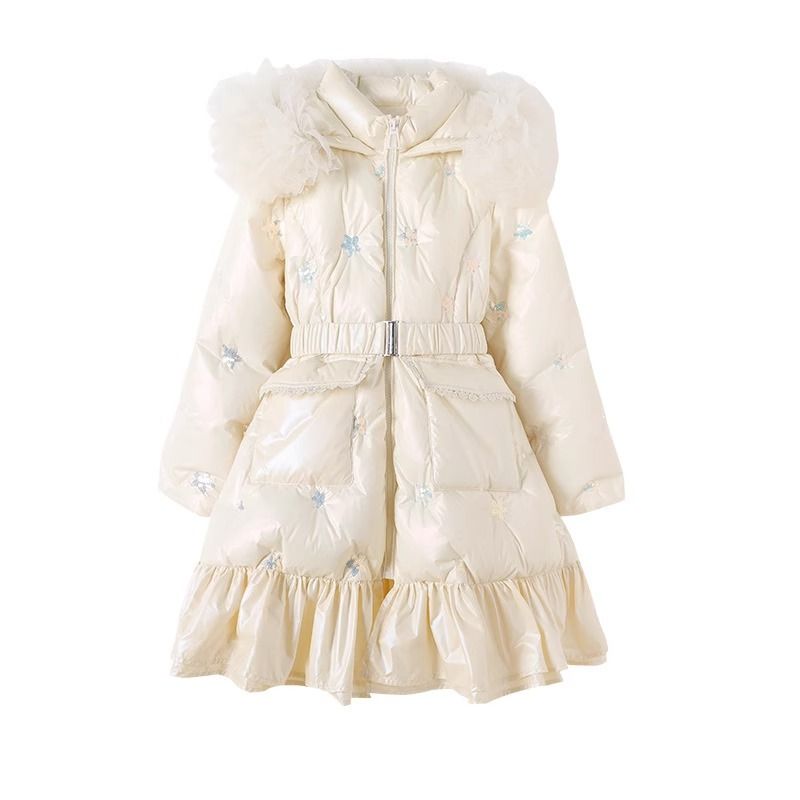 Kurzjacke mit Glitzerstickerei für Kinder – Lange Winterjacke mit Taillenband (Unisex, Gelb, 8–14 Jahre)_voghion.com