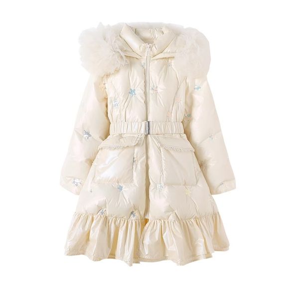 Kurzjacke mit Glitzerstickerei für Kinder – Lange Winterjacke mit Taillenband (Unisex, Gelb, 8–14 Jahre)_voghion.com