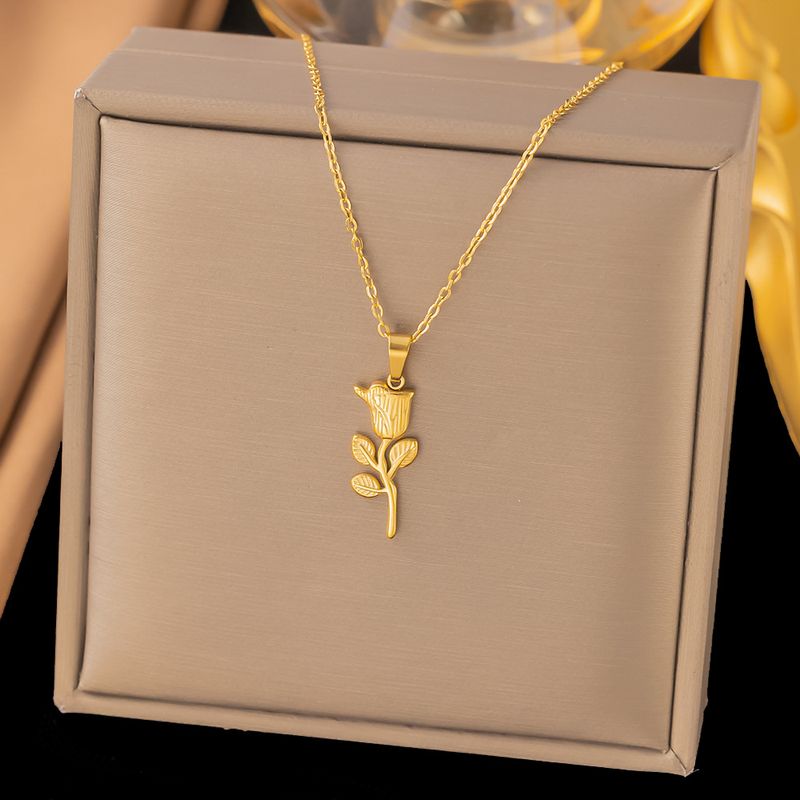 Collana con rosa, ciondolo versatile dallo stile semplice e dolce, catena per clavicola, materiale in acciaio al titanio, versatile, alla moda e_voghion.com