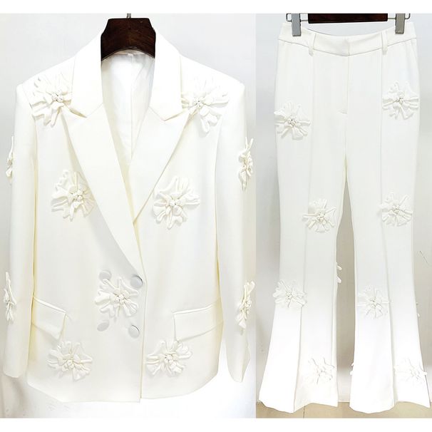 Ensemble de costume croisé élégant et résistant pour femme, motif floral tridimensionnel, avec broderie florale 3D - Blazer et pantalon assortis_voghion.com