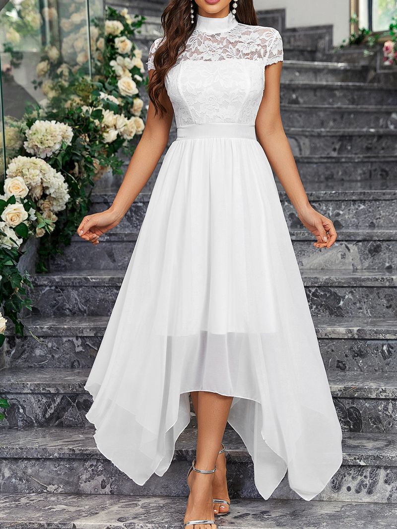Robe de demoiselle d'honneur en mousseline de soie et dentelle à col haut sans manches pour femme Jupe mi-longue_voghion.com