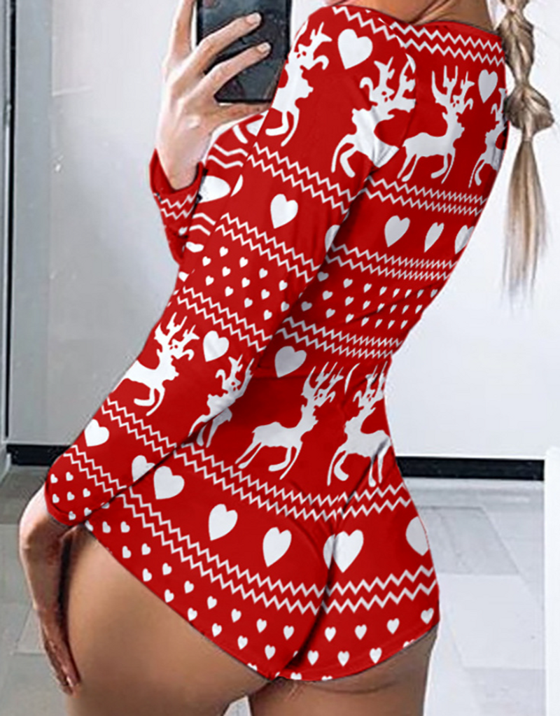 Women's clothing red Christmas print sexy tight jumpsuit shorts_voghion.com