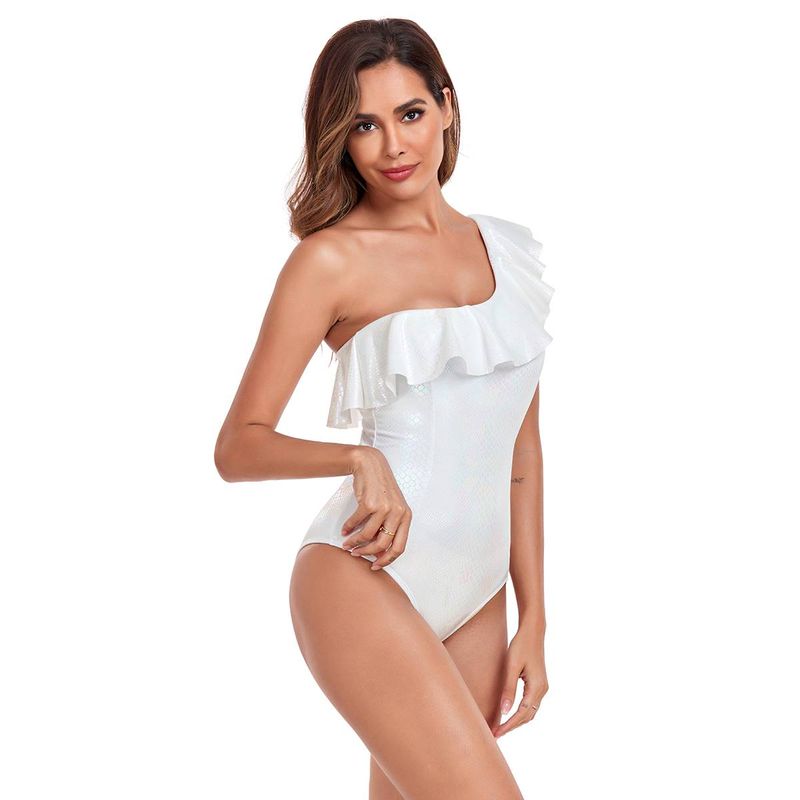 Cross border New One Piece Swimsuit High Elastic White Conservative One Shoulder Lotus Leaf Edge Gold Plated European and American Women's Swimsuit_voghion.com