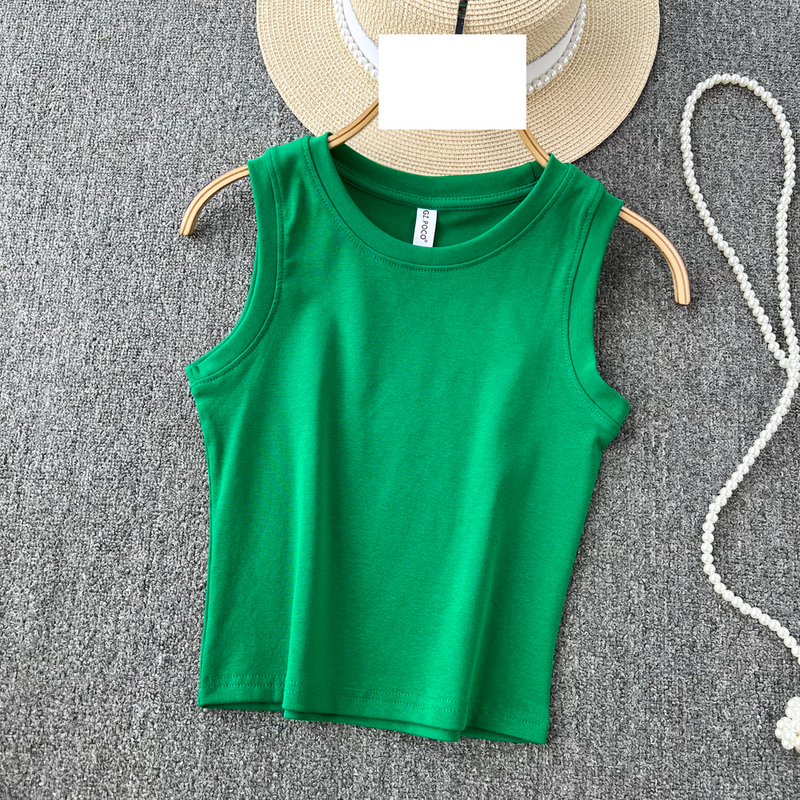 Women's Clothing Solid color crew neck slim-fit tank top with short sleeveless top_voghion.com