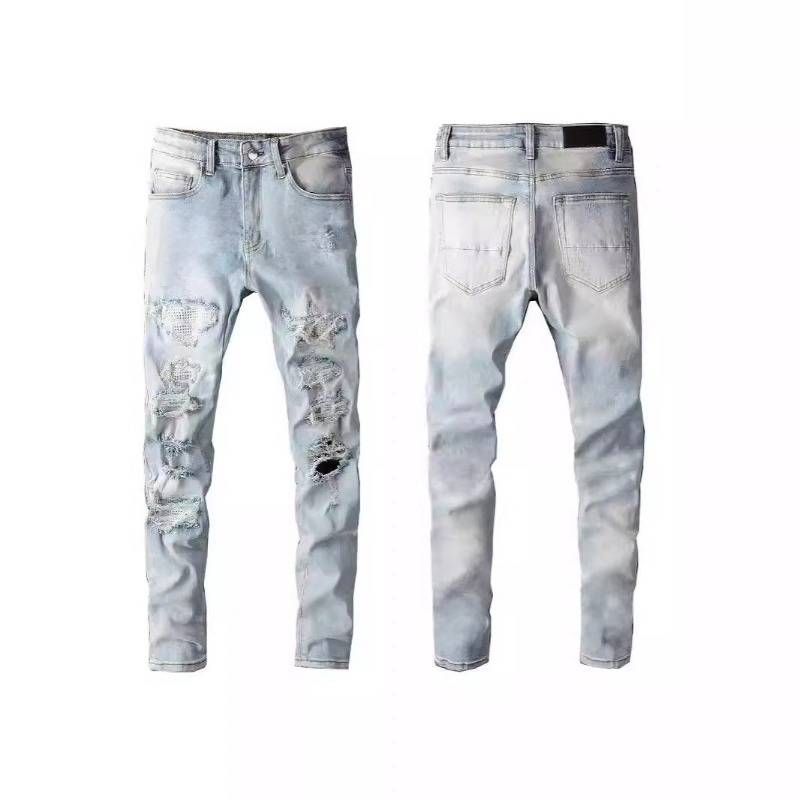High Street Chiu Brand New Re-wash Knife Cut Holes In The Beggar Sticker Elastic Slim-fit Jeans Man_voghion.com