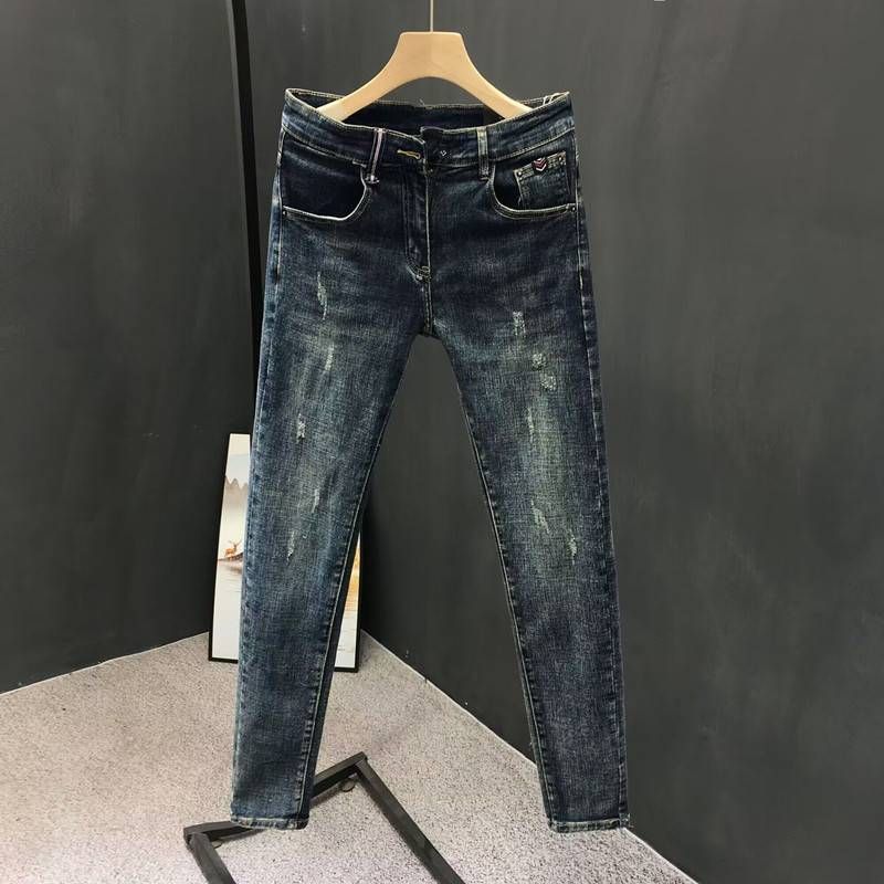 Pantalones vaqueros de marca de moda para hombre, primavera y verano 2025, ajustados, de pierna pequeña, estilo coreano, informales, elásticos y largos._voghion.com