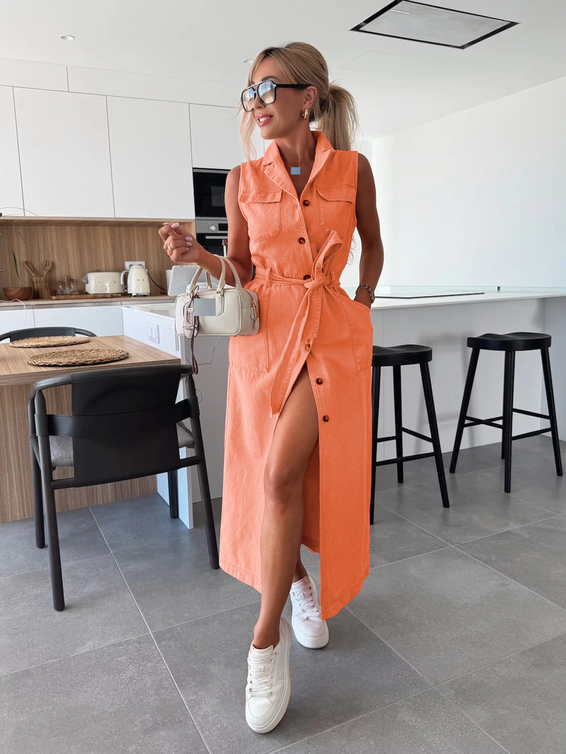 Robe longue en jean sans manches à simple boutonnage et ceinture nouée à la taille pour femme 8990_voghion.com