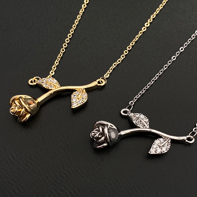 Enchanting Rose Pendant Necklaces With Sparkling Diamond - Studded Leaves, Available In Gold And Silver For Timeless Elegance_voghion.com