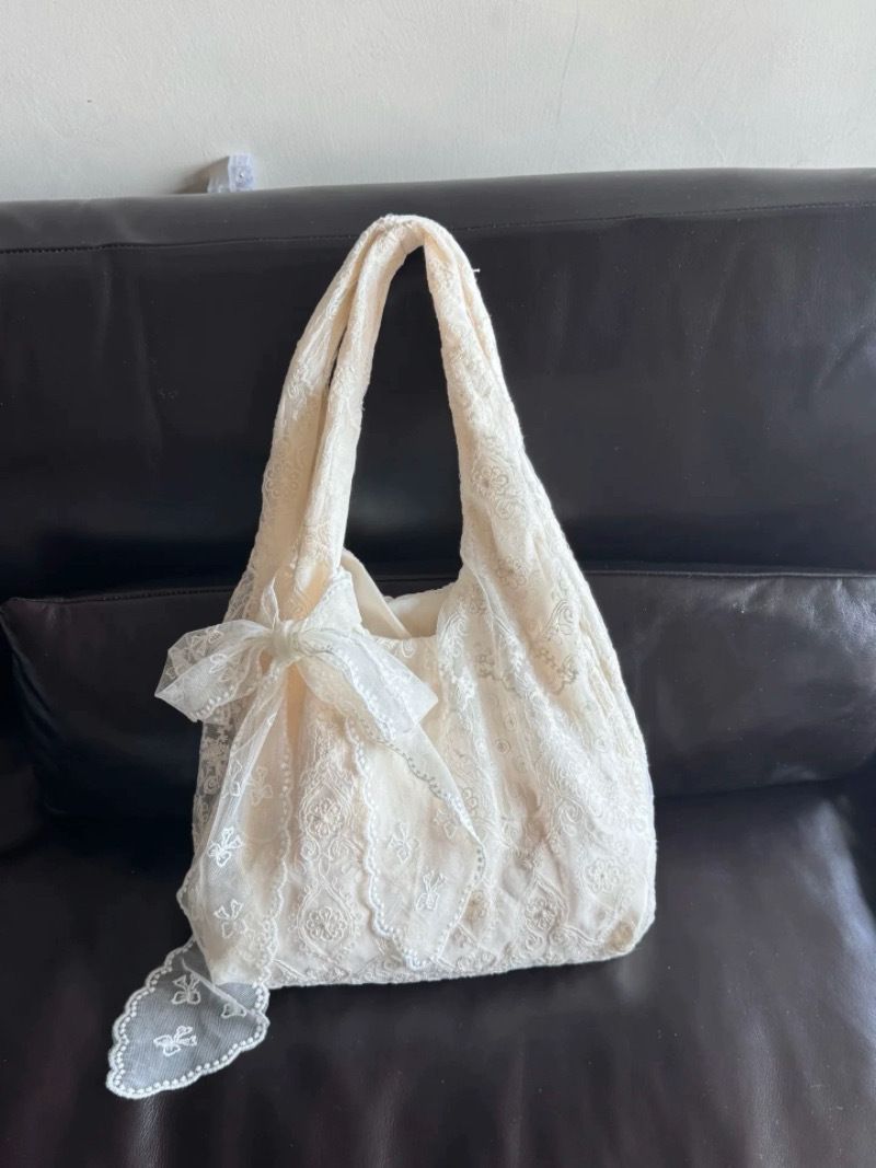 Borsa a tracolla da donna in tela con fiori in pizzo fresco in stile coreano, 2025, grande capacità, da portare sottobraccio_voghion.com