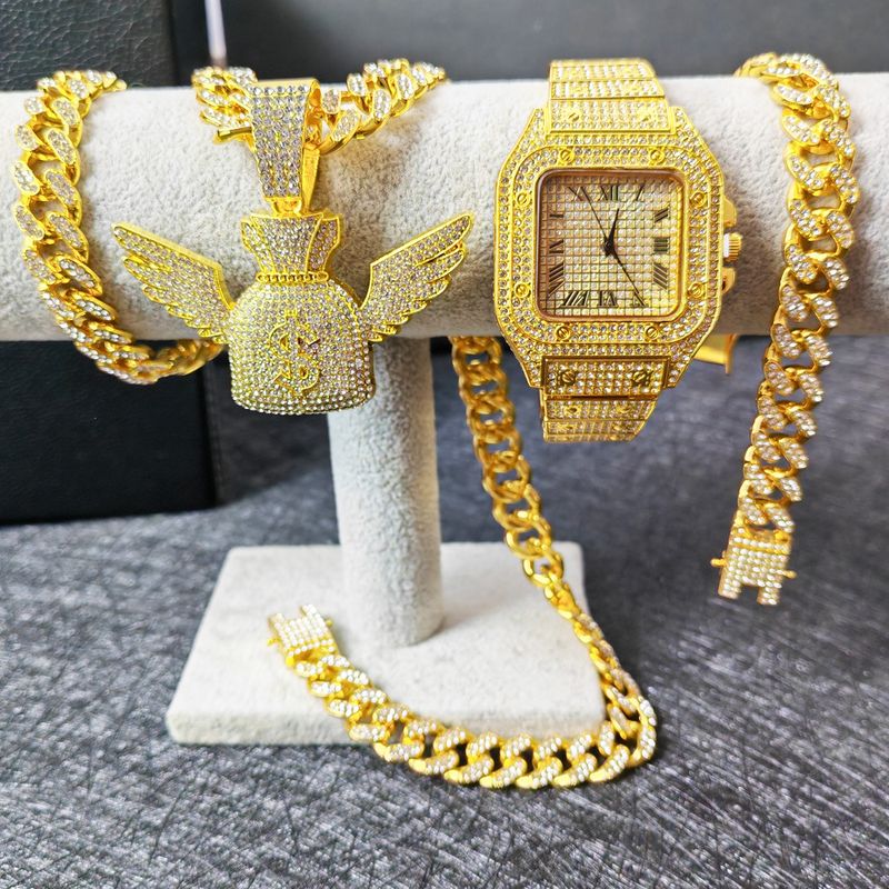 Full Set Of Gold Hip Hop Cuban Chain Watch Diamond Watch Bracelet Necklace Lced Out Watch_voghion.com