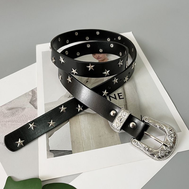 Retro carved head y2k star elements sparkling rivets genuine leather everyday versatile chic belt belt trouser belt trendy_voghion.com