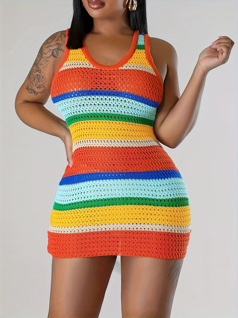 Abito da donna in maglia cava a righe arcobaleno senza maniche con scollo rotondo_voghion.com