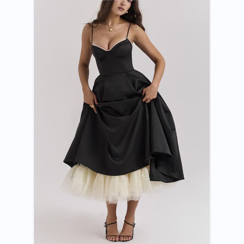 Damenbekleidung Neue Hosenträger V-Ausschnitt Ärmelloses Kleid Tutu Rock Langer Rock_voghion.com