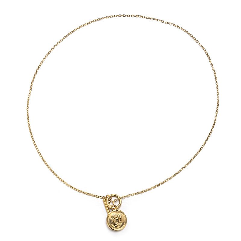 Collana con ciondolo rotondo quadrato in ottone placcato oro, stile retrò, da donna, con testa umana, di alta qualità, versatile e alla moda._voghion.com