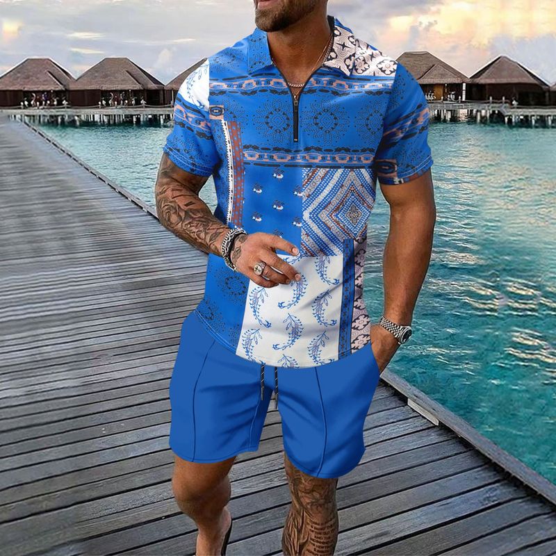 Completo casual da uomo in due pezzi con pantaloncini a maniche corte, stampati e con cerniera, coordinati nei colori_voghion.com