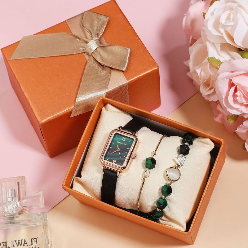 Watch Gift Set Watch Gift Set Pu Small Green Watch Fashion Small Fresh And Simple 3-piece Women's Suit Adjustable Bracelet_voghion.com