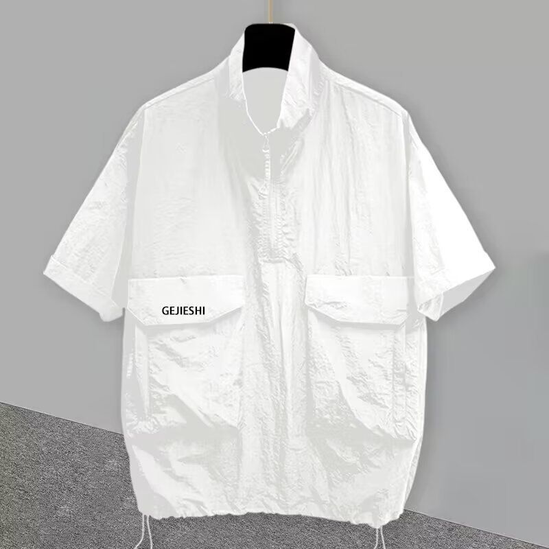 Summer Stand Up Collar Zipper Short Sleeved Top With Three-dimensional Pocket Design, Workwear, Half Sleeved Loose T-shirt_voghion.com