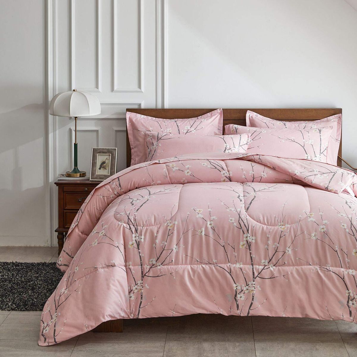 Steppdeckenset, Rosa, Pflaumenblüte, dicker Steppdeckenkern, Chemiefaser-Steppdecke, dreiteiliges Set_voghion.com
