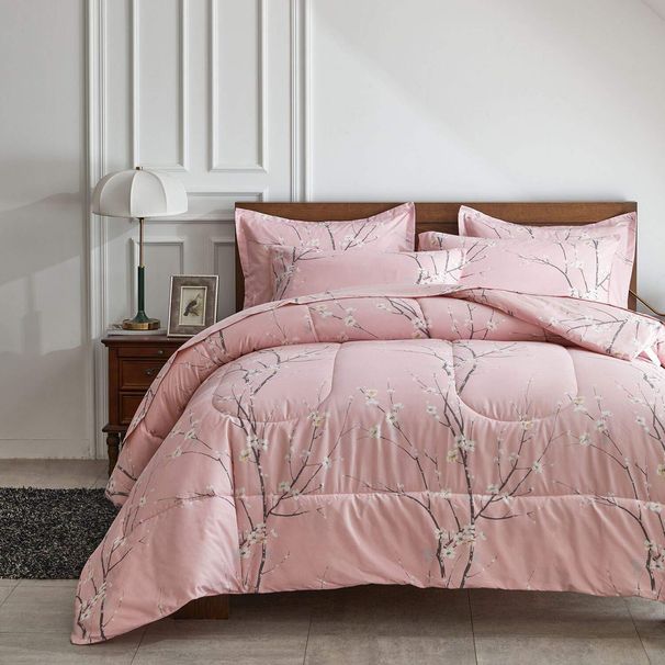 Steppdeckenset, Rosa, Pflaumenblüte, dicker Steppdeckenkern, Chemiefaser-Steppdecke, dreiteiliges Set_voghion.com