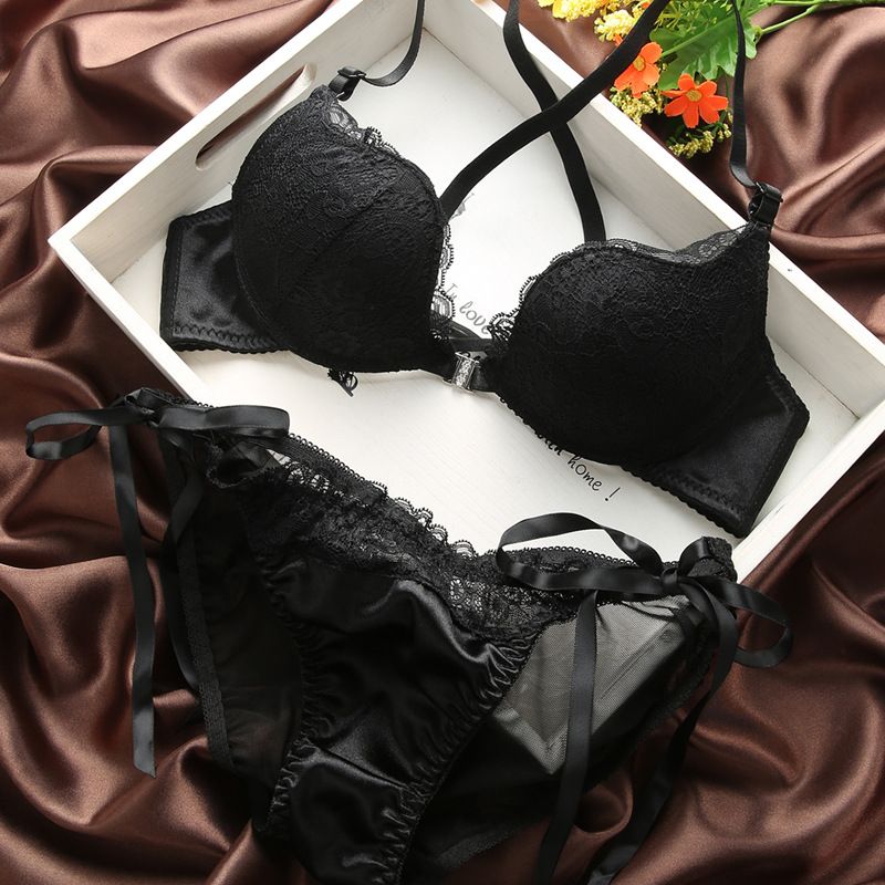 Style Sexy Temptation Lace Back Crossover Front Button Underwear Women's Gathering Thin Shoulder Strap Bra Set_voghion.com