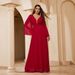 Robe de soirée longue élégante à col en V pour femme - Robe trapèze longue au sol avec volants, décolleté en V profond et manches longues pour banquet ou bal de fin d'année_voghion.com