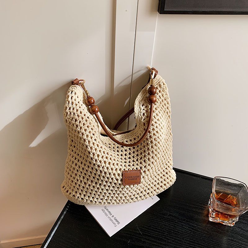 Straw Bag Woven Bag Holiday Style Woven Bag Women's Fashion Hollow Knit Shoulder Bag Large Capacity Commuter Tote Bag_voghion.com