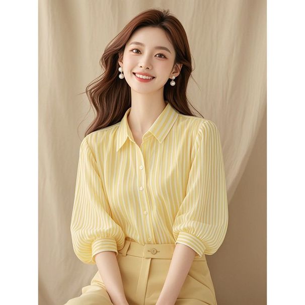 Estate 2025, nuovo top corto in stile francese con un temperamento raffinato e maniche a lanterna a sette punte, a righe gialle_voghion.com