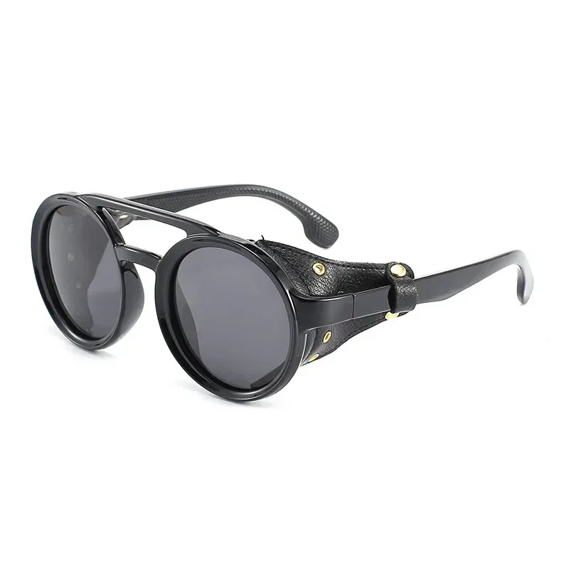 Nuovi arrivi Steampunk Shields Occhiali da sole Uomo Donna Classici occhiali da sole con lato in pelle occhiali rotondi punk UV400 Lens_voghion.com