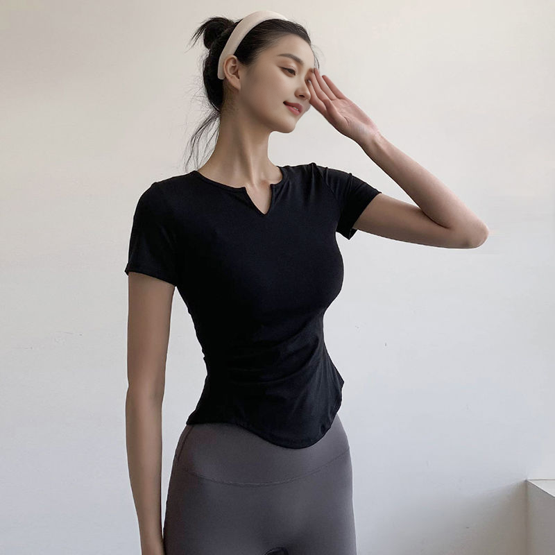 Elastic Sports Short Sleeve Women's V-Neck Tight T-shirt Running Training Fitness Top Thin Yoga Suit Summer_voghion.com
