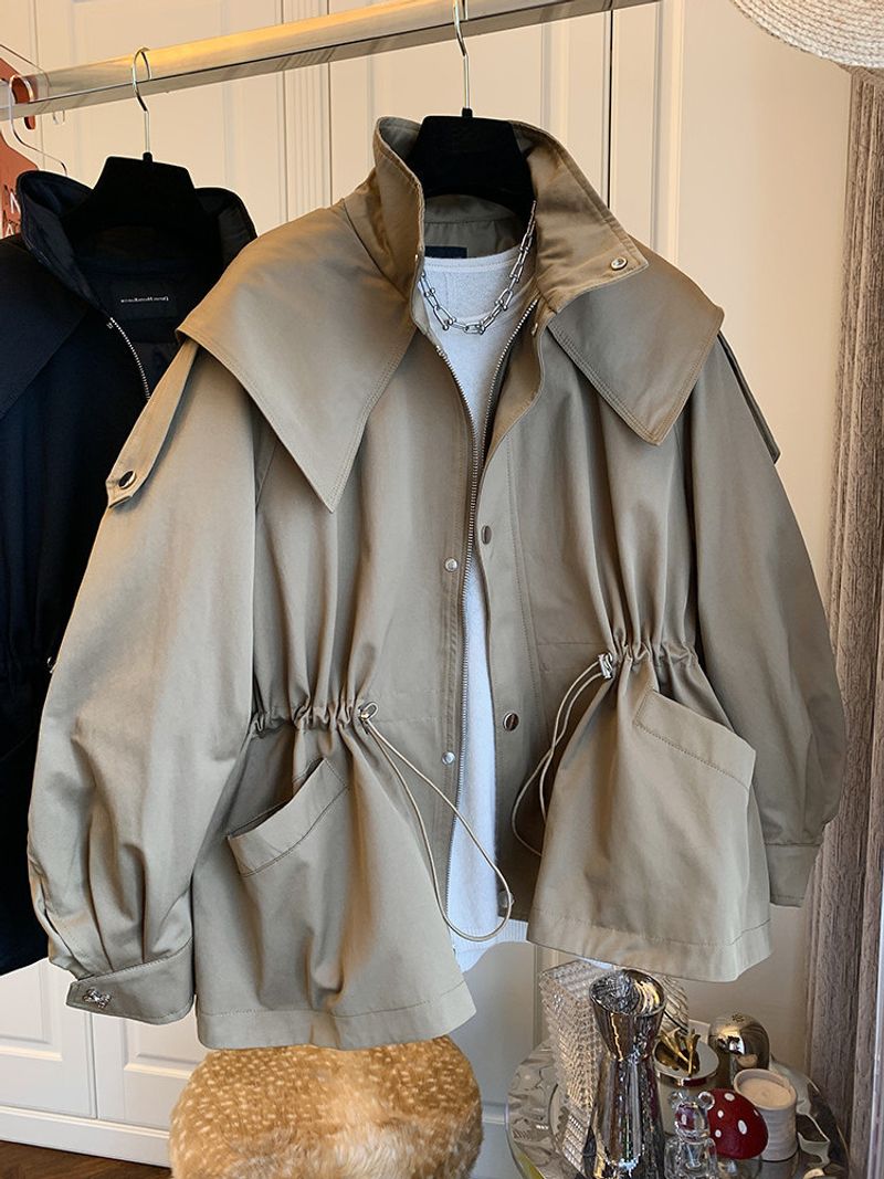 Women's Clothing Women's Stylish Oversized Utility Jacket With Drawstring Waist - Casual Short Coat For Spring & Fall (Black/Khaki, S/M/L/XL)_voghion.com