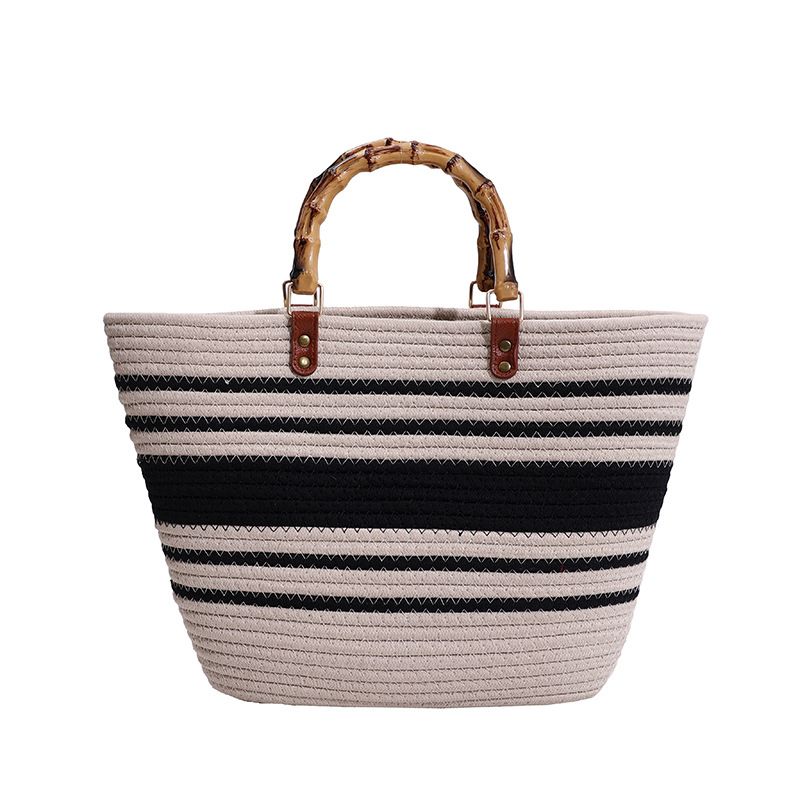 French Straw Tote Bag - Oversized Woven Beach Basket With Pockets (Beige/Khaki) - Boho Market Shopper_voghion.com