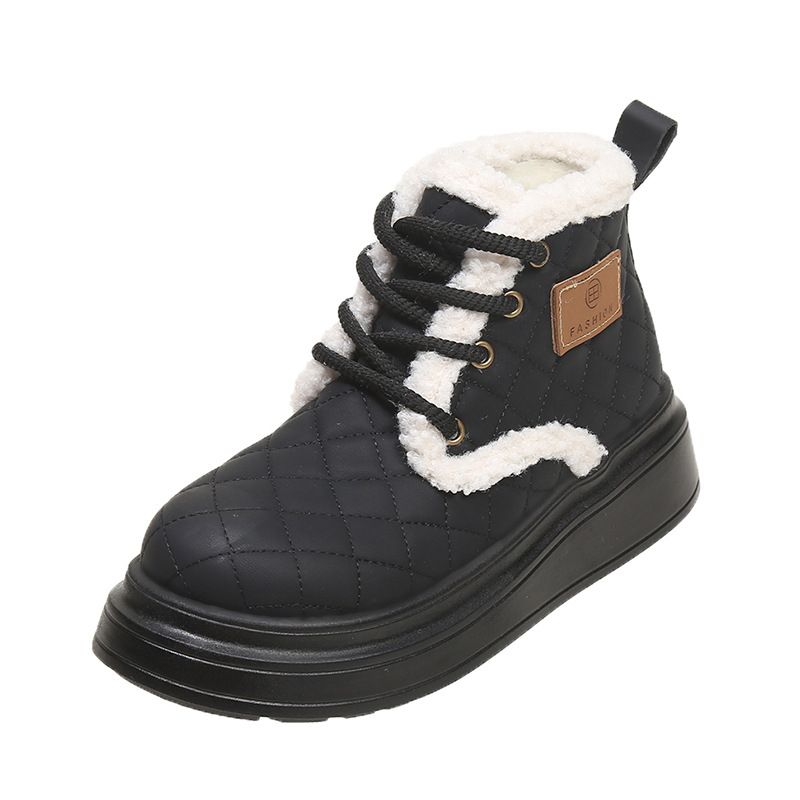 Chaussures en coton pour femmes, bottes courtes intégrées à lacets en cuir à semelles épaisses et grille en losanges et velours_voghion.com