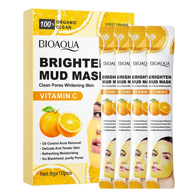 BIOAOUA Masque de boue éclaircissant à la vitamine C 8 g x 10 pièces Masque nettoyant en profondeur pour le contrôle du sébum Masque éclaircissant pour le teint_voghion.com