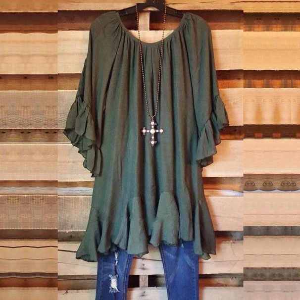 Letnia stylowa tunika damska z falbanką, nieregularna, codzienna, bluzka, koszulki, bluzki, noszona na co dzień_voghion.com