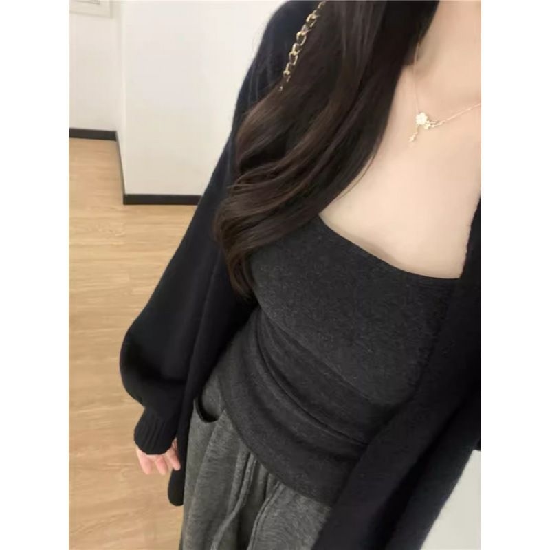 Koreanischer fauler Stil 2024 Frühling Herbst reine Farbe leichte und dünne Strickjacke Anti Cropping Taille mit Schal Top_voghion.com