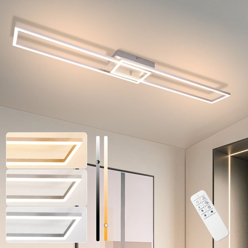 Deckenleuchte LED Deckenlampe Silber - 2 Rahmen Schlafzimmerlampe 102CM Modern Dimmbar Mit Fernbedienung 36W Rechteckiges Design Für Wohnzimmer Küche_voghion.com