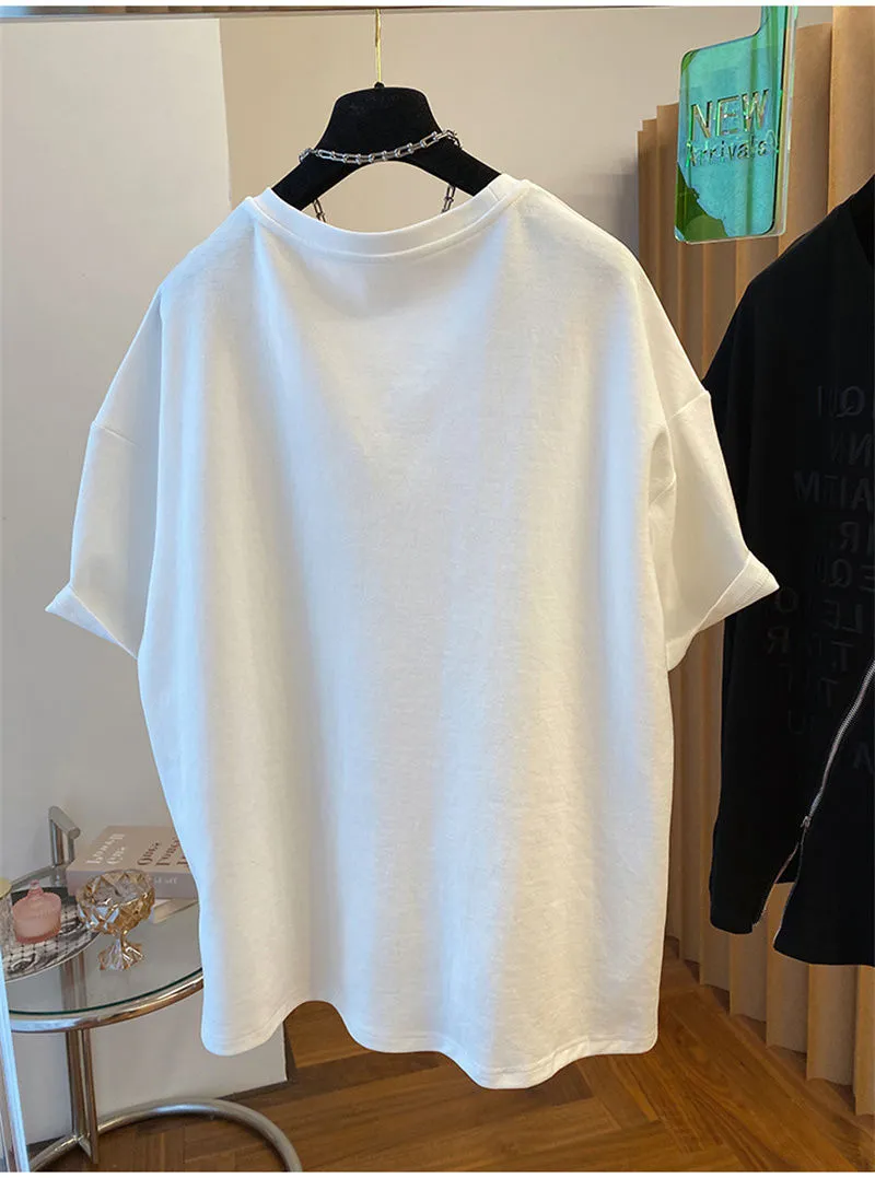 Women's Clothing new loose embroidery pure cotton heavy short-sleeved T-shirt female zipper split top_voghion.com