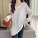 T-shirt mi-long chaud Derong blanc pour femme, col en V, manches longues, doublure polaire, automne et hiver, grande taille_voghion.com