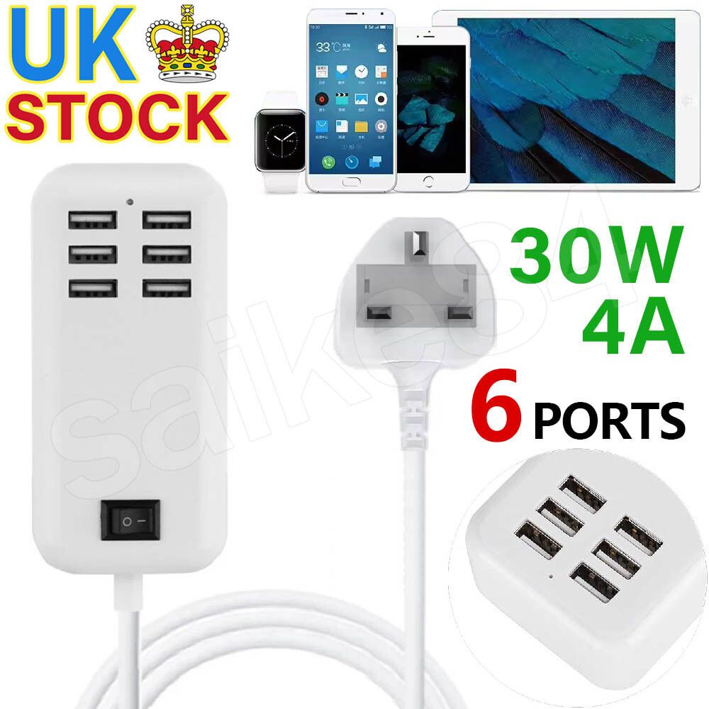 6-Port-USB-Hub mit Schnellladefunktion, Netzteil, UK-Steckeradapter, Handy-Adapter_voghion.com