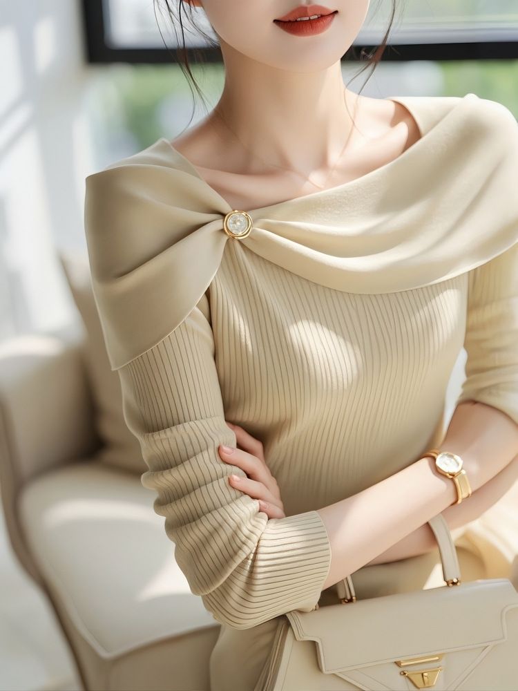 Damenbekleidung, neuer Herbst, Pullover in Haferflockenfarbe, Design, Nische, High-End, einzigartig, schönes Temperament, schönes langärmeliges Oberteil_voghion.com
