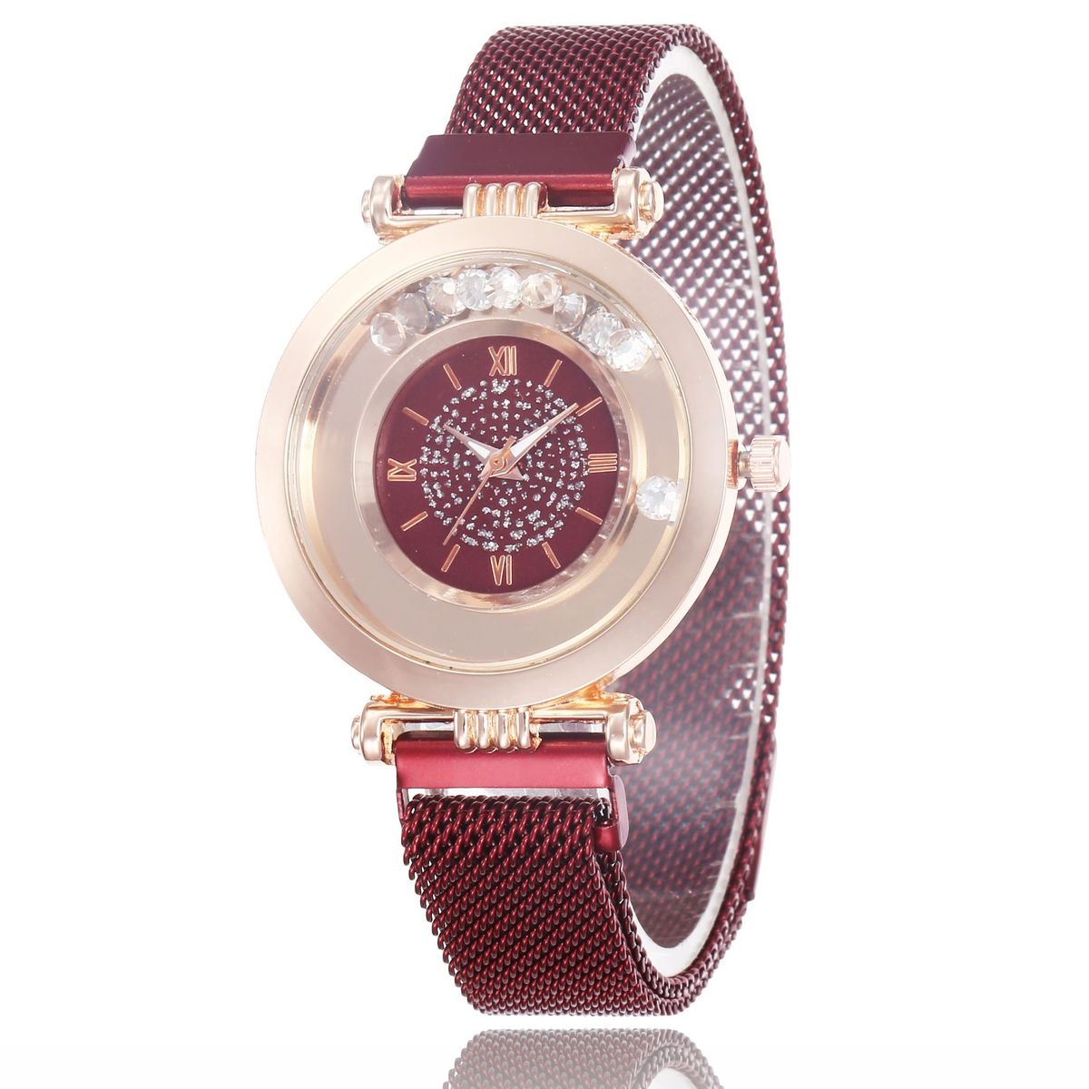 Cost performance full diamond ball quicksand women's mesh quartz ultra-thin Roman digital magnet watch_voghion.com