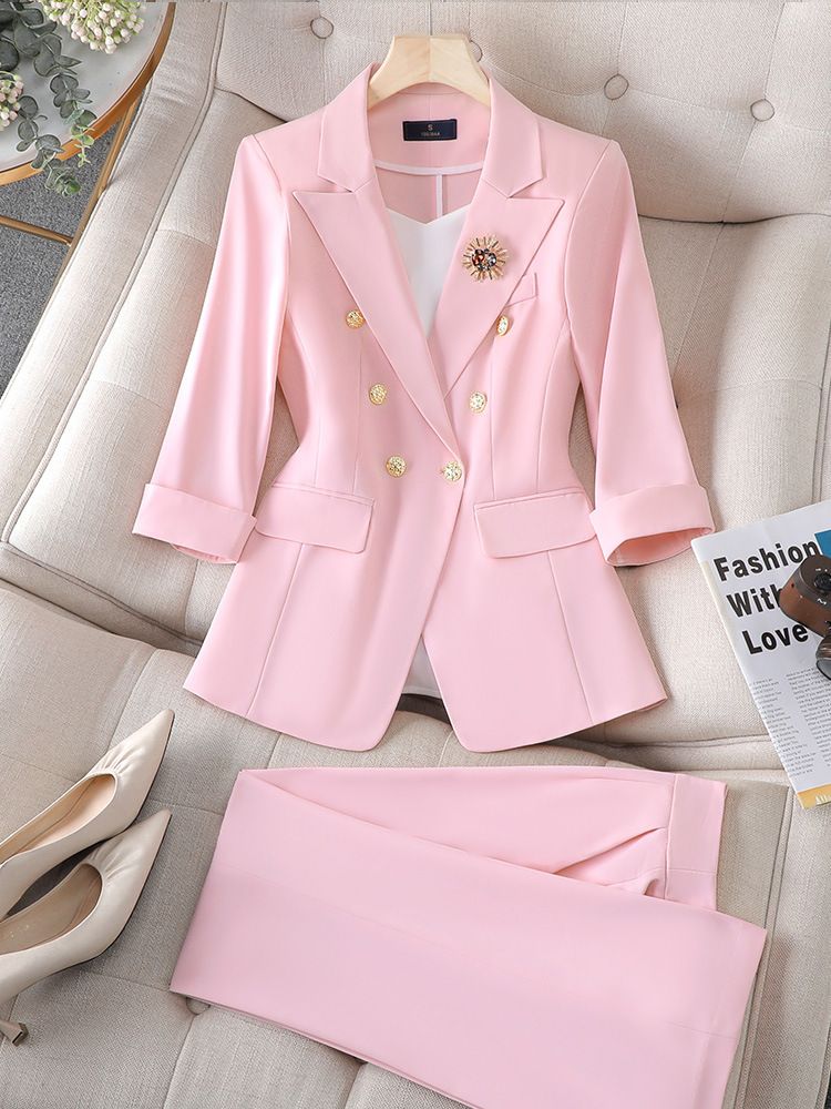 Damkläder Rosa mellanärmad kostym OL proffsdräkt kvinnligt temperament gudinna stil högtidlig klädsel high end värddräkt arbetskläder_voghion.com