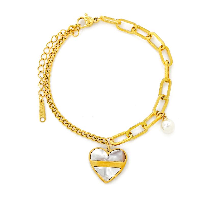 Bracciale con perle irregolari a forma di cuore di pesca - Catena dell'amore in acciaio al titanio di grado chirurgico (antiossidante e ipoallergenico)_voghion.com