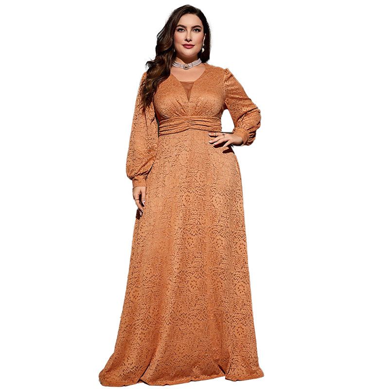 Robe musulmane en dentelle élégante à col en V et manches trompette pour demoiselle d'honneur, robe de soirée grande taille_voghion.com