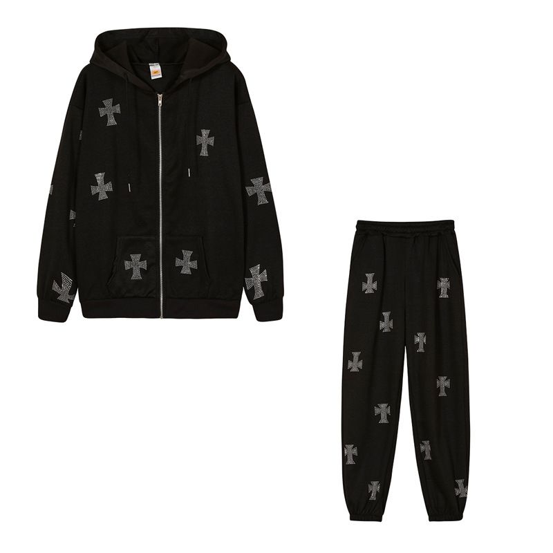   Women's Autumn New Loose Top Cross Hot Diamond Zipper Hooded Sweatshirt_voghion.com
