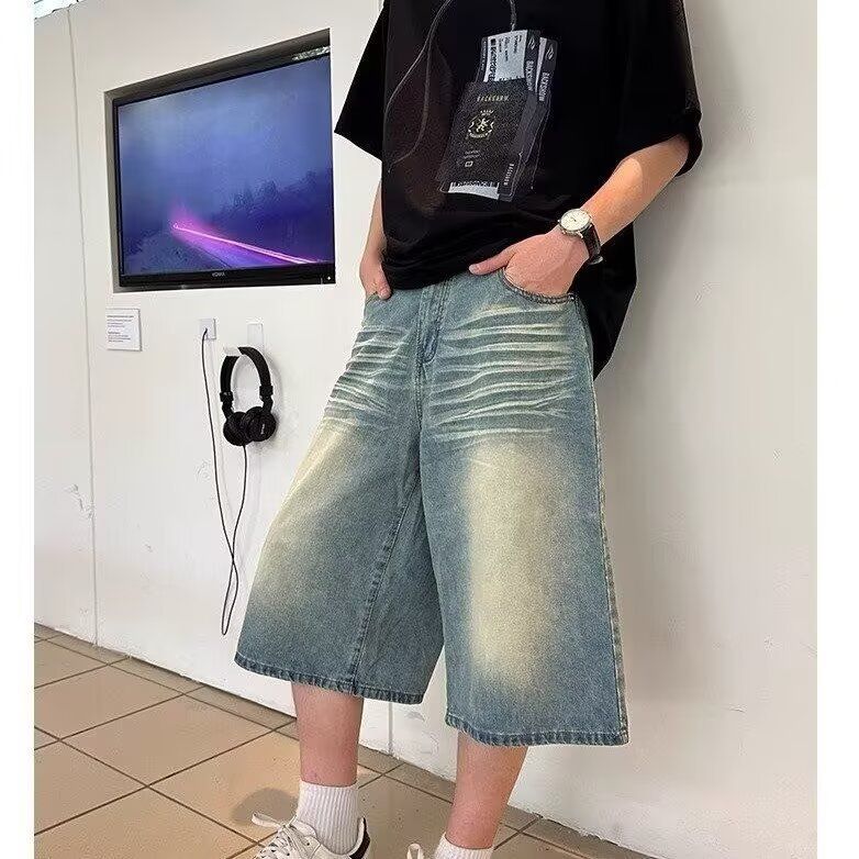 Men's Distressed Denim Shorts With Rivet & Lightning Wash – Trendy Casual 7/5 Length Jeans For Summer (Blue)_voghion.com