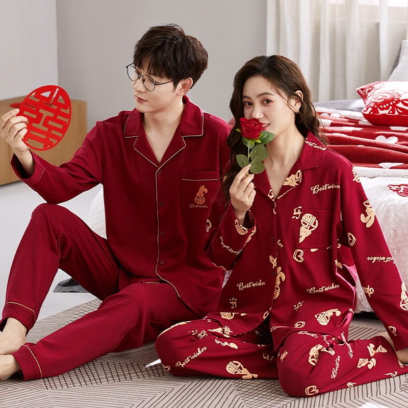 Par Pomlad Mladoporočencev Bombažni Cardigan Pižama Hlače Z Dolgimi Rokavi Poroka Moški Ženske Jesen in Zima Veliki Rdeči Set_voghion.com